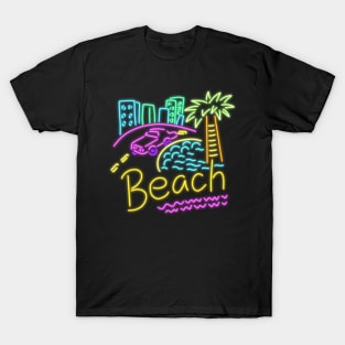 Beach neon house palm trees multi color pink Cadillac sand sun T-Shirt